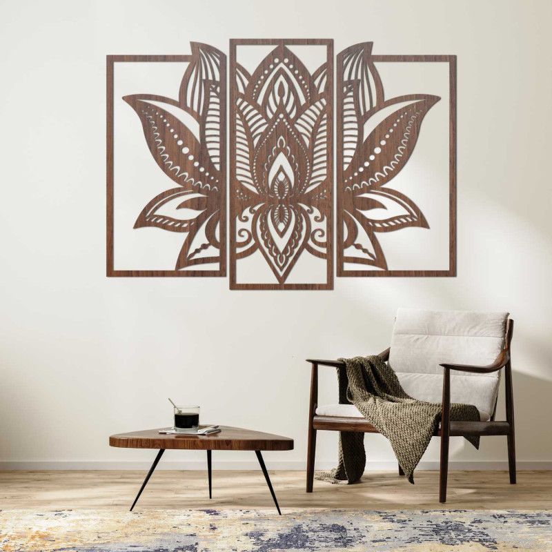 Three-part lotus painting - designer wooden wall decoration