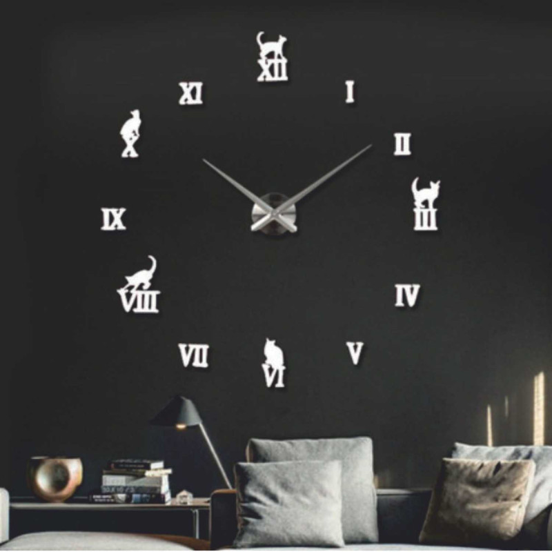 Adhesive Roman clock with cat decoration in silver and gold.