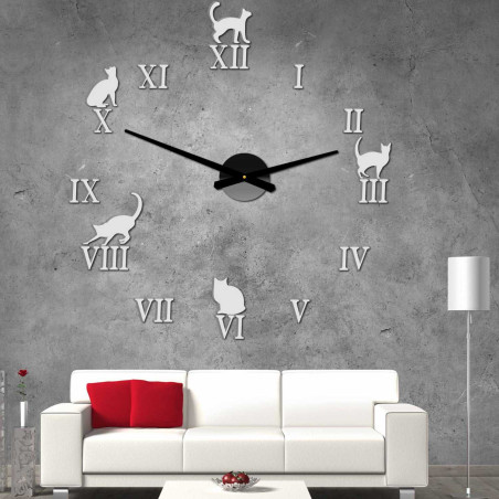 Adhesive Roman clock with cat decoration in silver and gold.