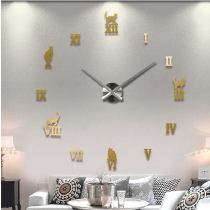Adhesive Roman clock with cat decoration in silver and gold.