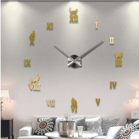 Adhesive Roman clock with cat decoration in silver and gold.