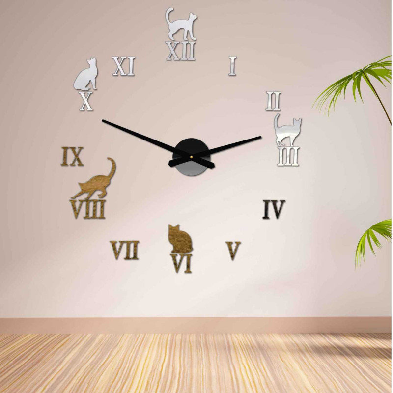 Adhesive Roman clock with cat decoration in silver and gold.