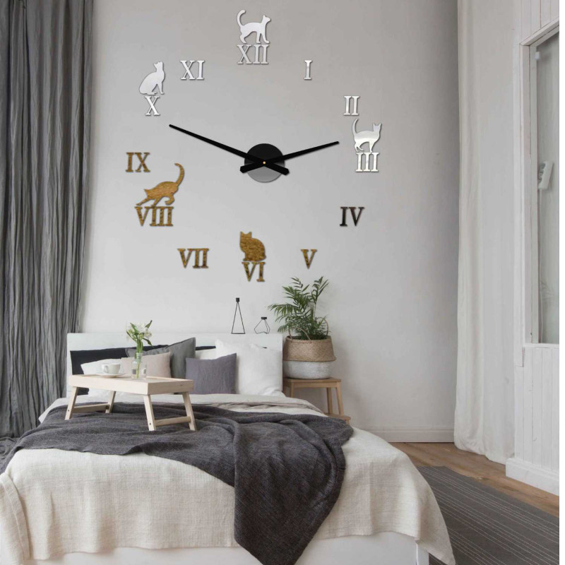 Modern 3D wall clock for cat lovers with Roman numerals.