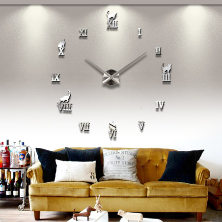 Modern 3D wall clock for cat lovers with Roman numerals.