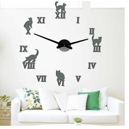 Modern 3D wall clock for cat lovers with Roman numerals.