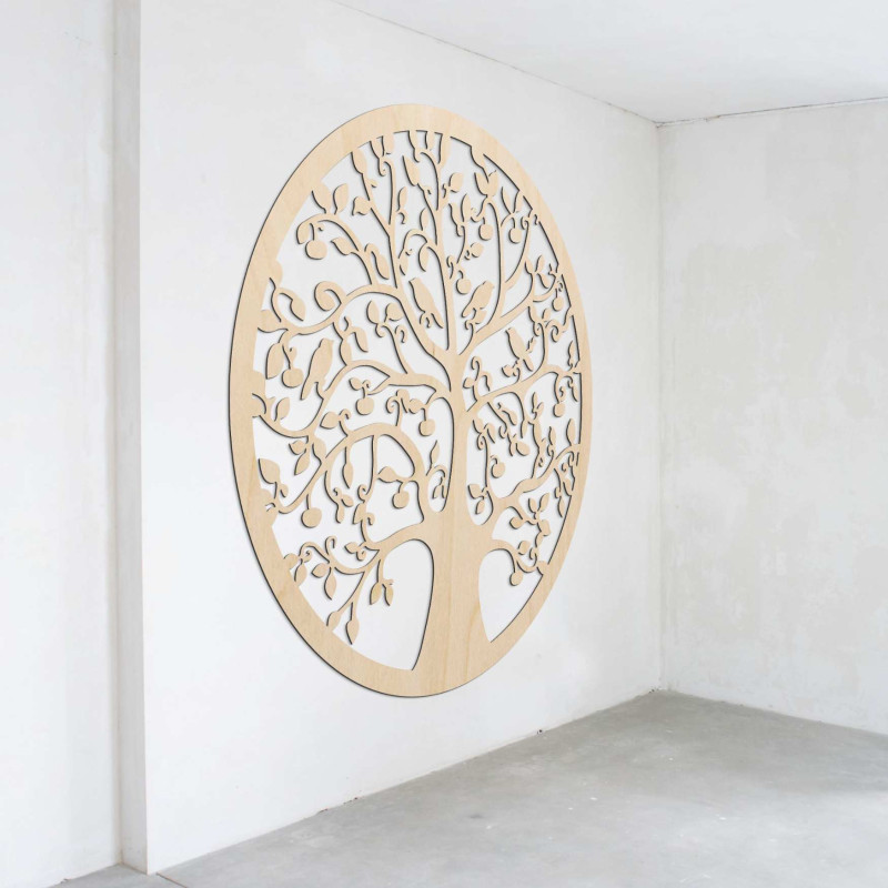 Luxurious 3D wooden cutout Tree of Life with birds in a modern interior.