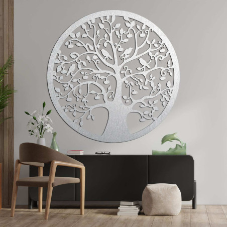 Luxurious 3D wooden cutout Tree of Life with birds in a modern interior.