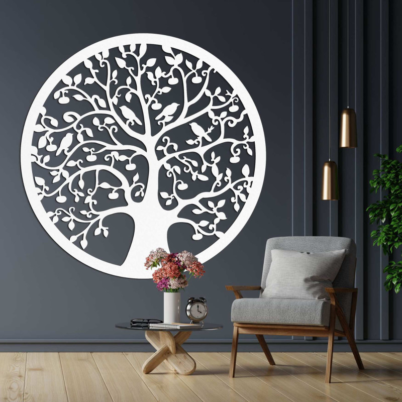 Luxurious 3D wooden cutout Tree of Life with birds in a modern interior.
