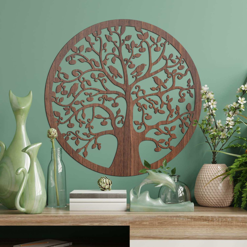 3D wooden cutout of a tree with birds - elegant interior painting, bronze oak.
