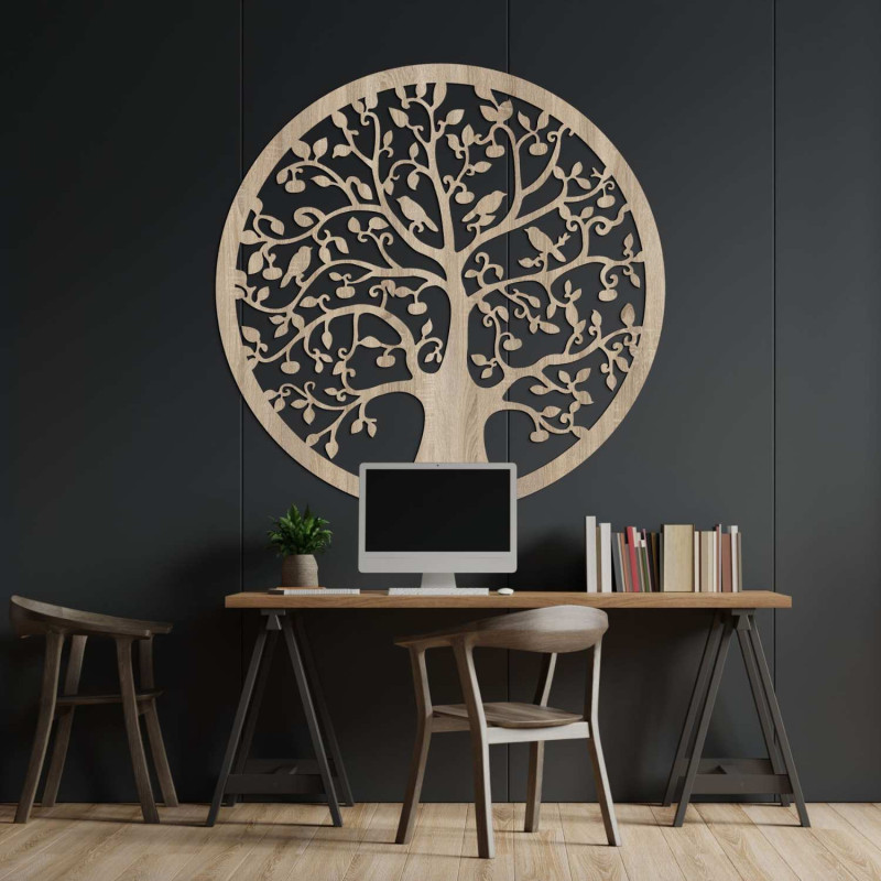 3D wooden cutout of a tree with birds - elegant interior painting, bronze oak.