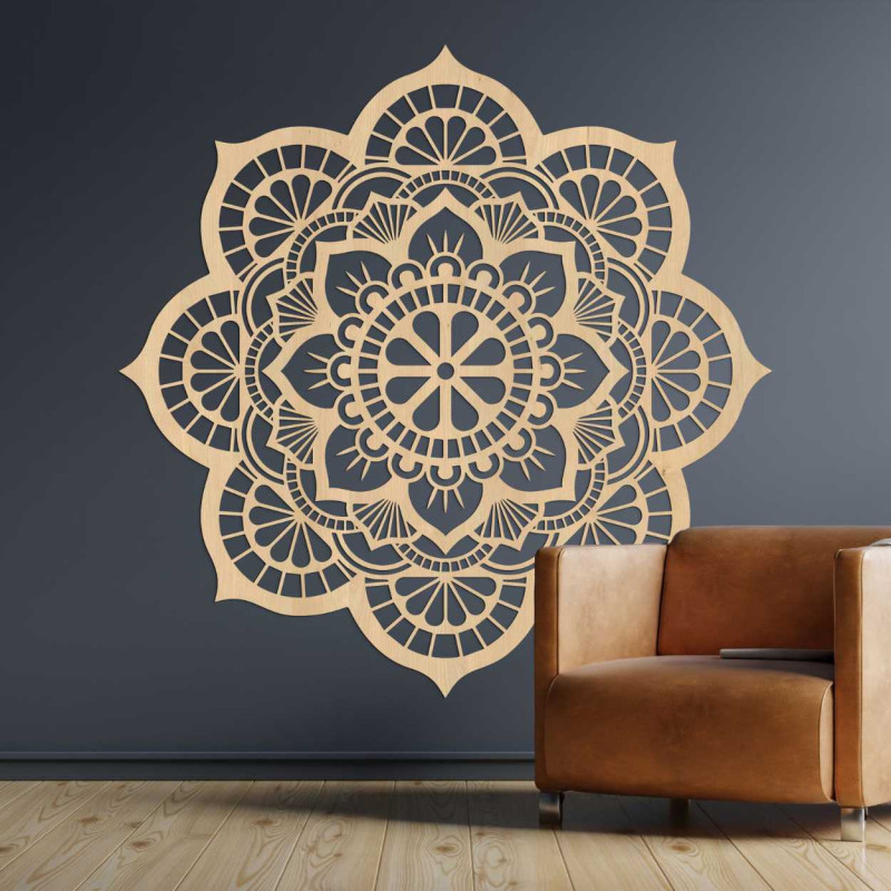 Wooden carved mandala for the wall with a detailed floral pattern