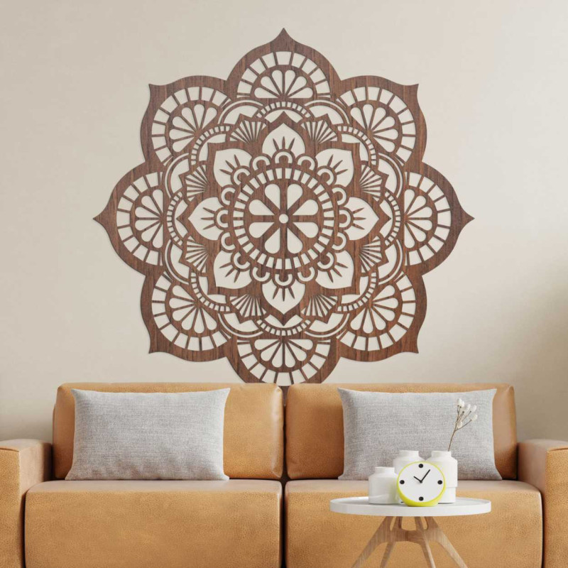 Modern wall decoration in the shape of a mandala made of natural wood