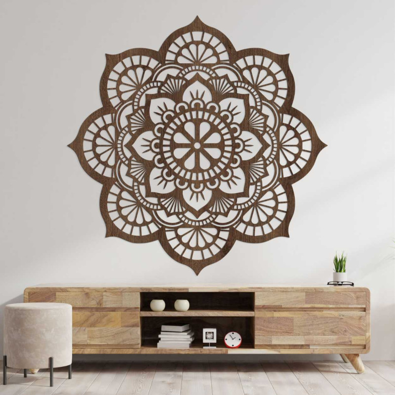 Modern wall decoration in the shape of a mandala made of natural wood