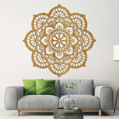 Modern wall decoration in the shape of a mandala made of natural wood