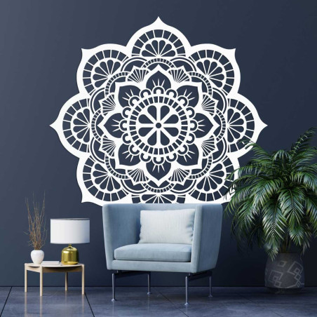 Large wooden mandala as a stylish accessory above the living room sofa