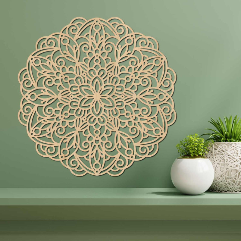 A meticulously carved wooden mandala adds peace and style to the space
