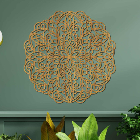 A meticulously carved wooden mandala adds peace and style to the space