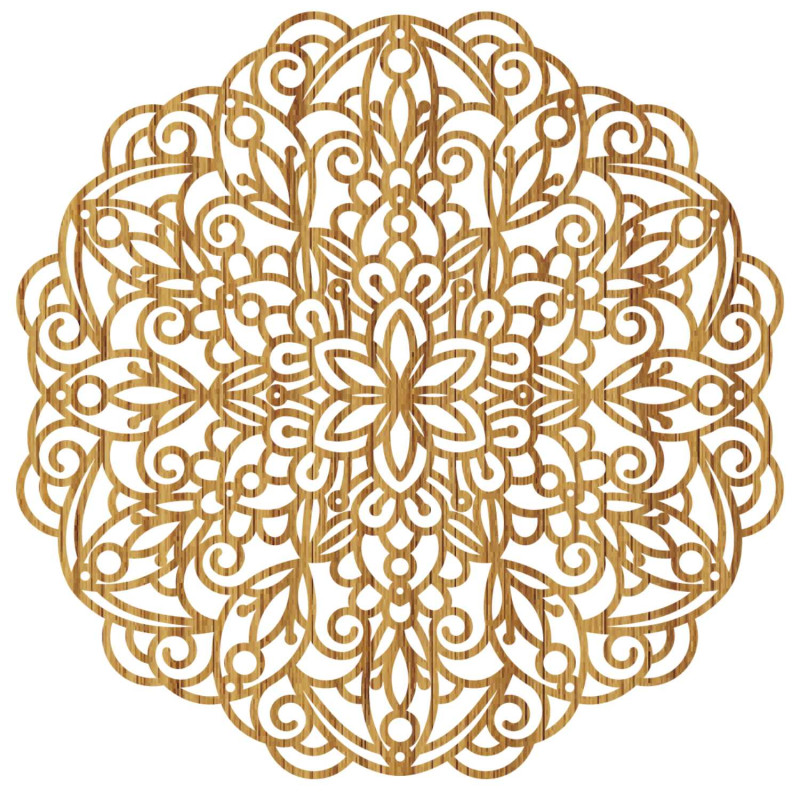 A meticulously carved wooden mandala adds peace and style to the space