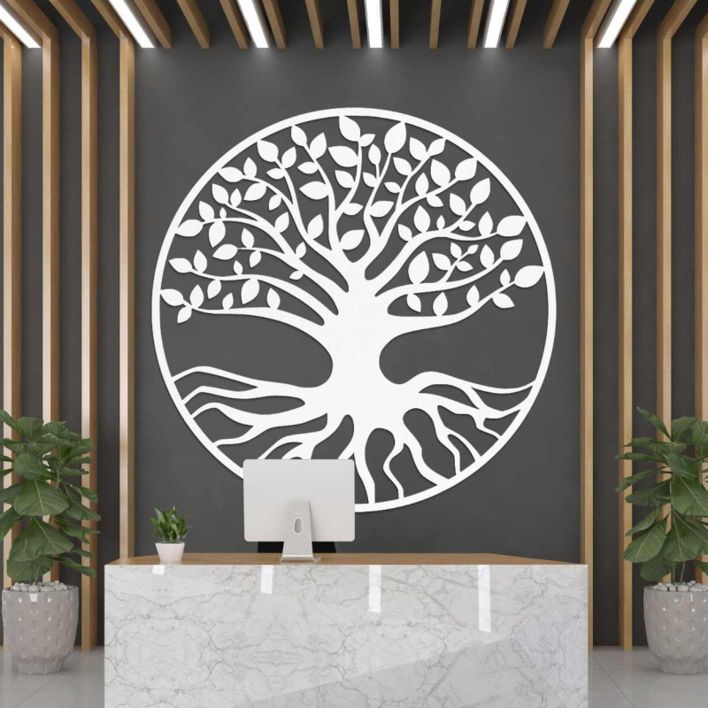 Designer wooden tree of life with detailed roots and leaves
