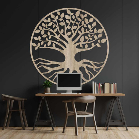 Designer wooden tree of life with detailed roots and leaves