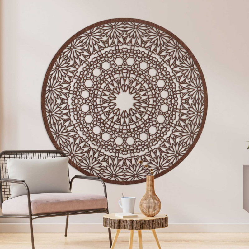 Designer mandala on the wall with a precise geometric pattern