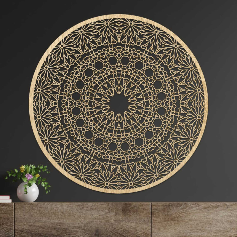 Designer mandala on the wall with a precise geometric pattern