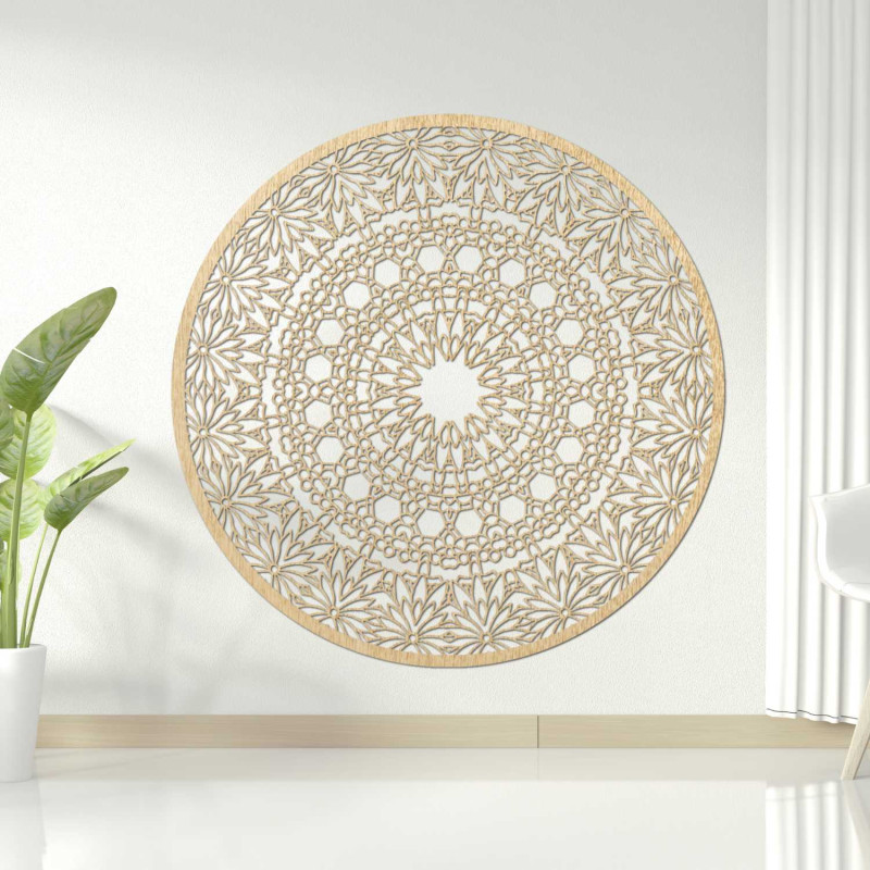 Designer mandala on the wall with a precise geometric pattern