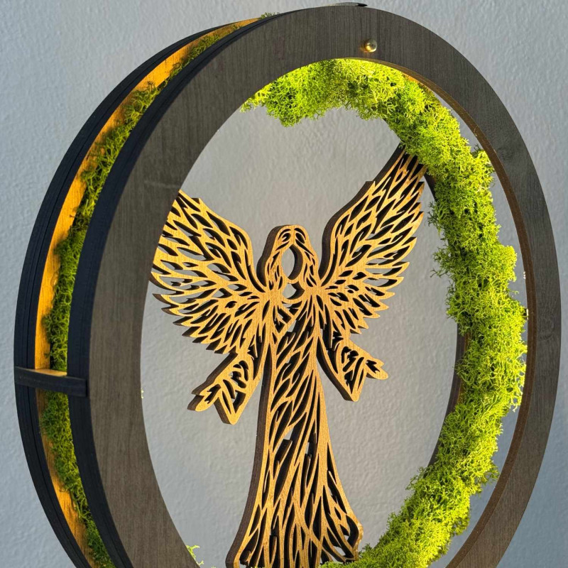 LED lamp Angel of Protection with stabilized moss and soft lighting