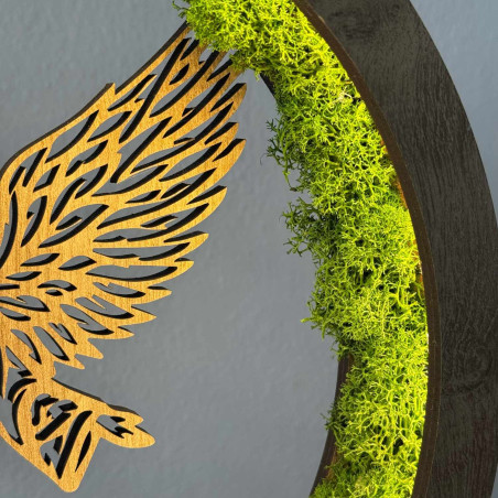 Luminous angel made of wood with stabilized moss and LED lighting