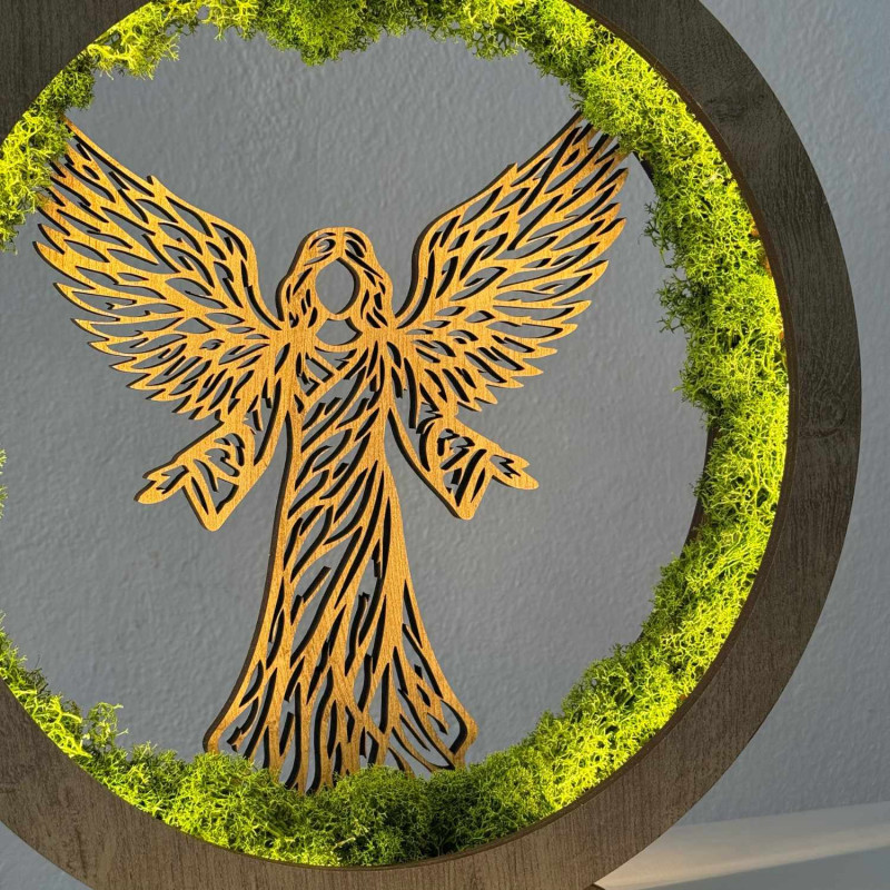 Luminous angel made of wood with stabilized moss and LED lighting