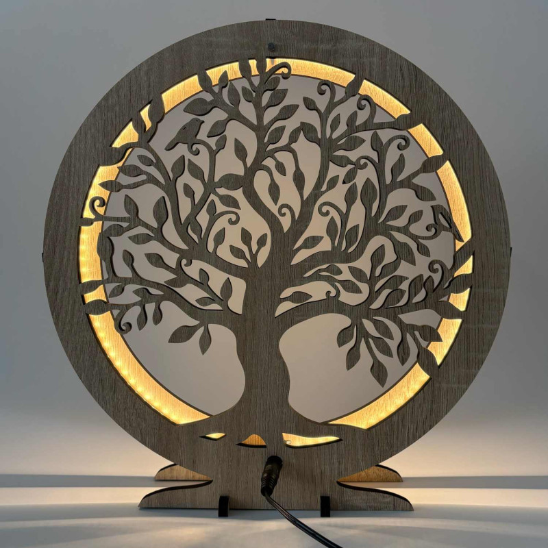 LED lamp Tree of Life made of wood with warm backlight for a table