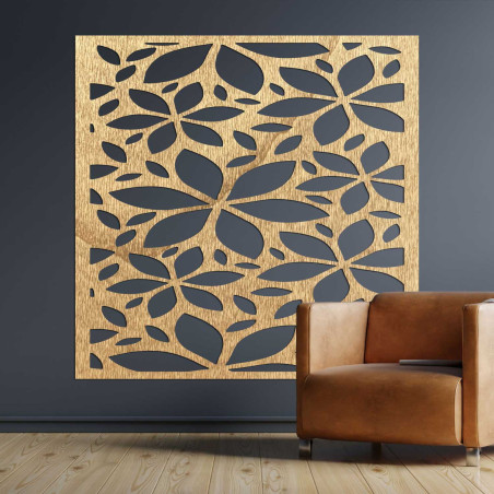 Wooden wall decoration with an abstract motif of flowers and leaves