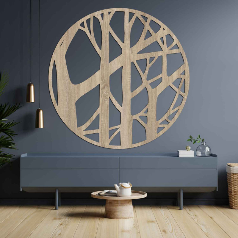 Wooden circle with a tree and branches motif