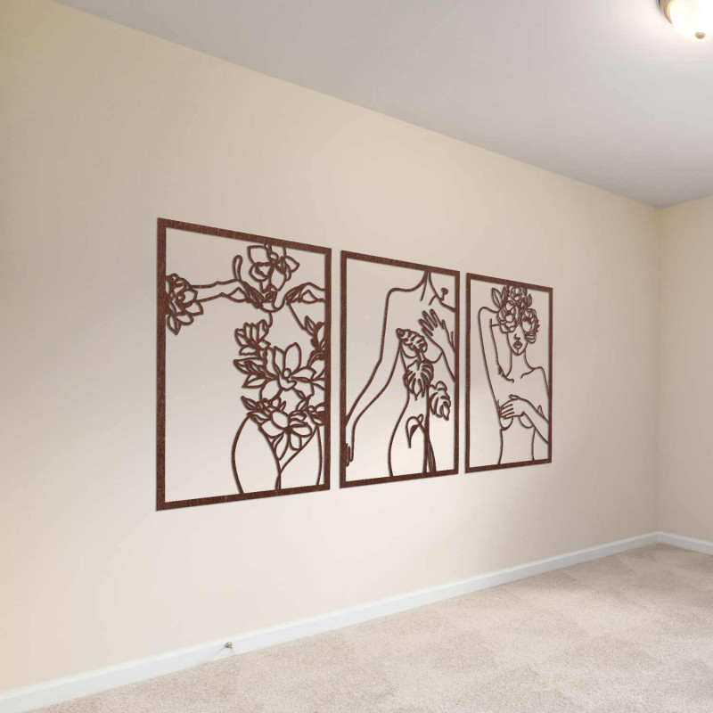 Elegant three-part painting of a woman with floral elements on the wall