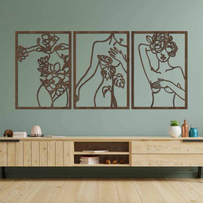 Modern three-part painting with a motif of a woman and floral elements
