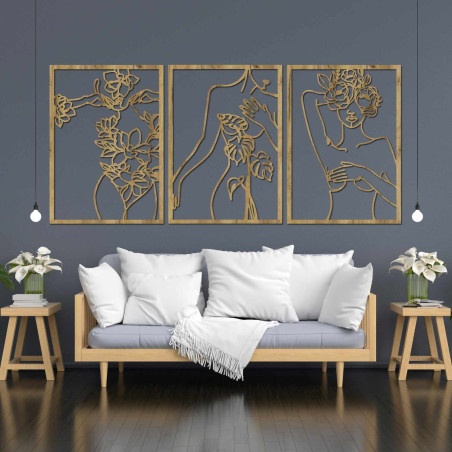 Modern three-part painting with a motif of a woman and floral elements