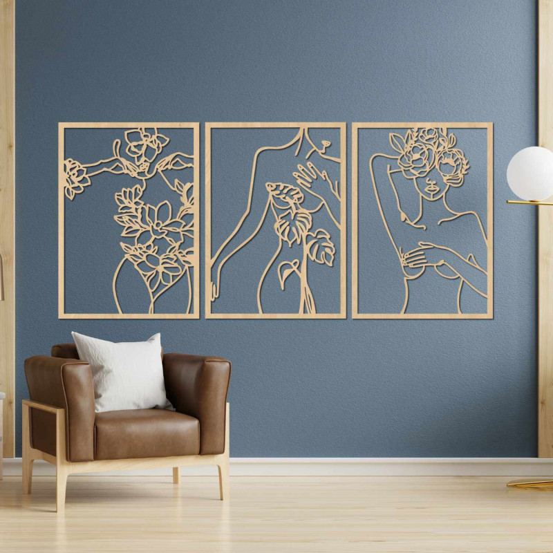 Modern three-part painting with a motif of a woman and floral elements