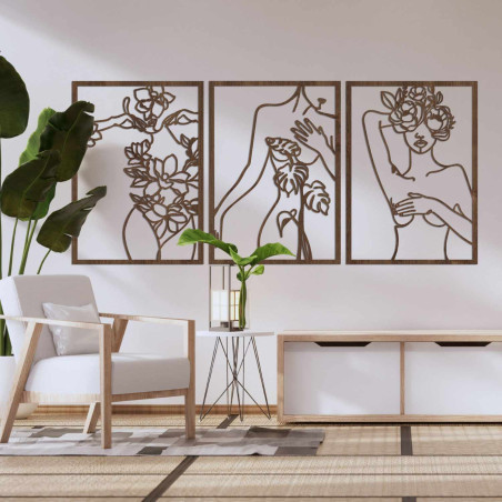 Modern three-part painting with a motif of a woman and floral elements