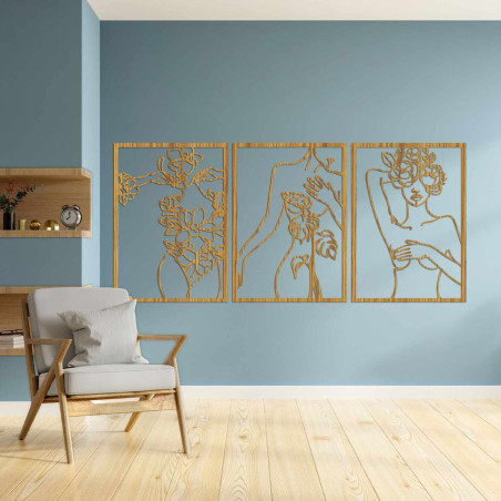 Modern three-part painting with a motif of a woman and floral elements