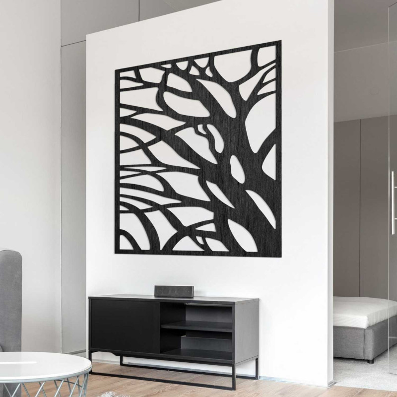 Modern wooden painting with an abstract tree motif for a stylish interior.