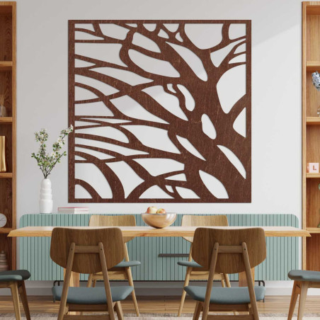 Modern wooden painting with an abstract tree motif for a stylish interior.