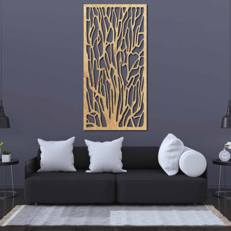 Wooden wall decoration with a forest and tall trees motif