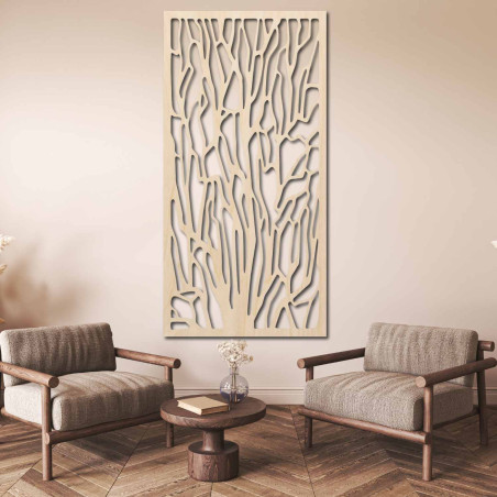 Wooden wall decoration with a forest and tall trees motif