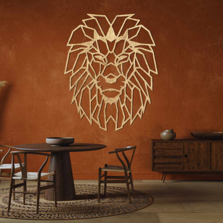 Wooden lion image with geometric design in black