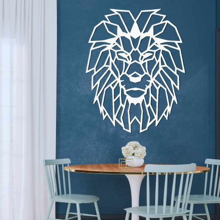 Wooden lion image with geometric design in black