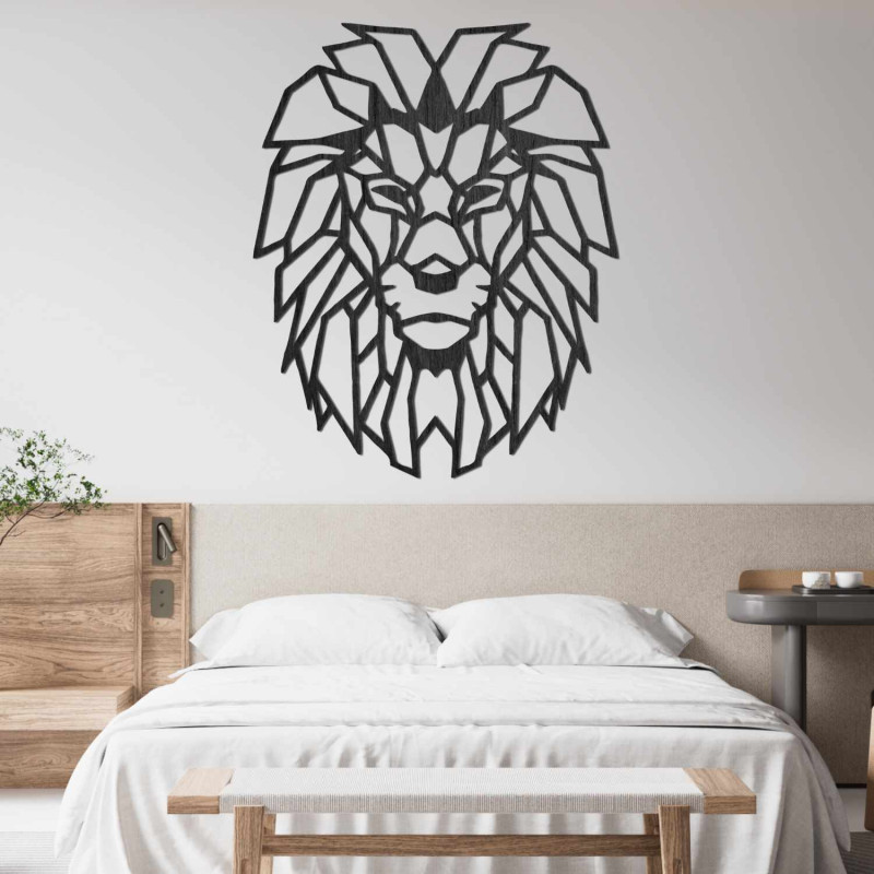 Wooden lion image with geometric design in black