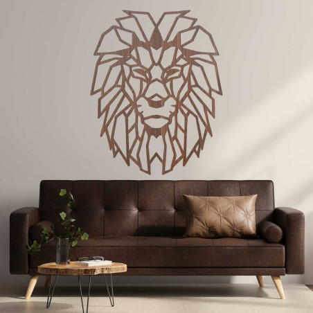 Modern wooden lion on the wall with geometric artistic design