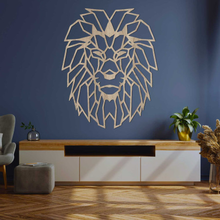 Modern wooden lion on the wall with geometric artistic design
