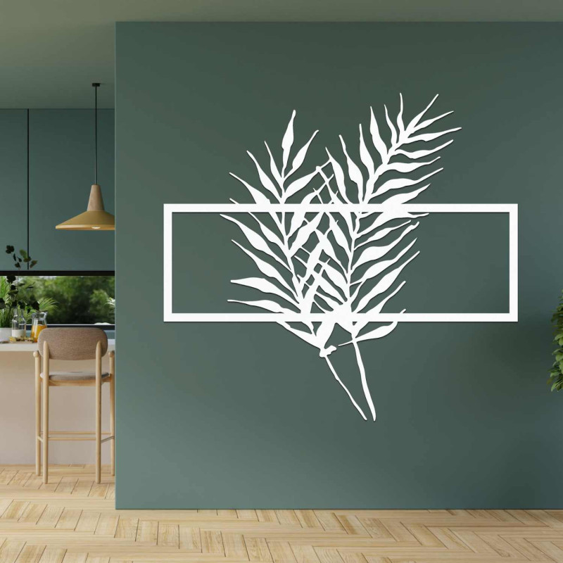 Modern botanical painting made of wood with a motif of exotic leaves