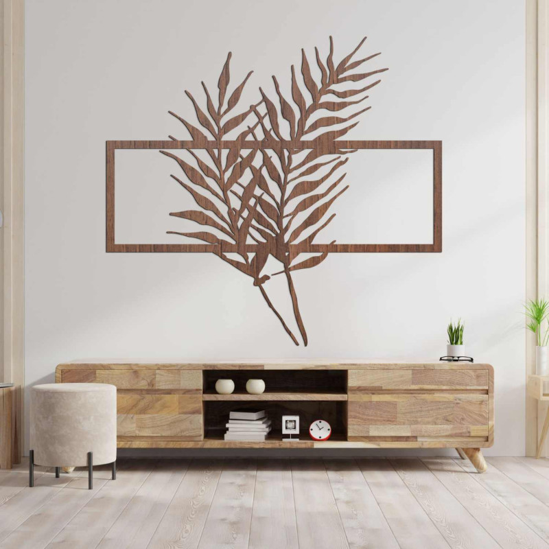 Wooden picture with minimalist leaves in a...